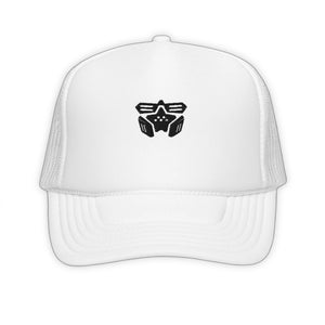 White Technomencer Trucker Hat - product view on white background