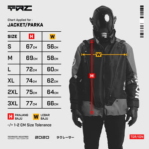 Measurement chart for jacket/parka with a person wearing a black jacket and helmet.
