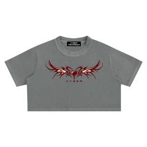 Medium gray washed crop tee seen from the front, black CYBER TECHWEAR neck label and red wings print