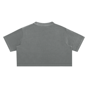 Plain back and cropped hem of the gray wings graphic crop top laid flat, short sleeves with a faded wash