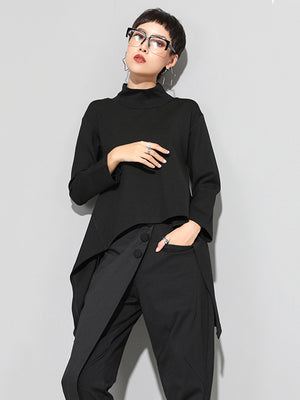 Women Black Long Casual T-shirt Turtleneck