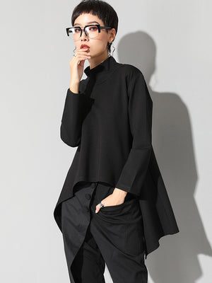Women Black Long Casual T-shirt Turtleneck