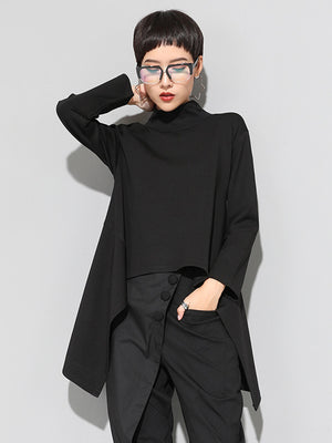 Women Black Long Casual T-shirt Turtleneck