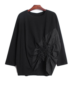 Women Black Pleated Big Size T-shirt