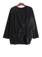 Women Black Pleated Big Size T-shirt