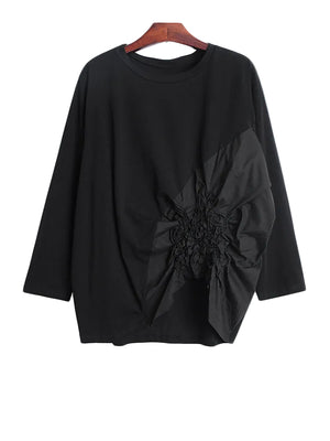 Women Black Pleated Big Size T-shirt