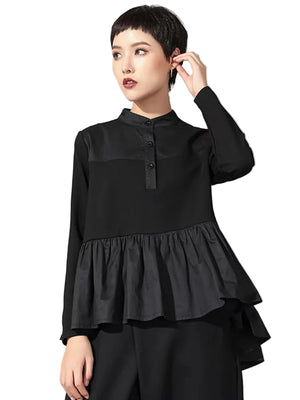 Women Black Pleated Ruffes T-shirt