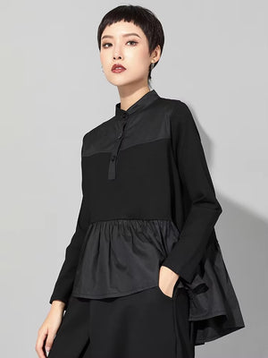 Women Black Pleated Ruffes T-shirt