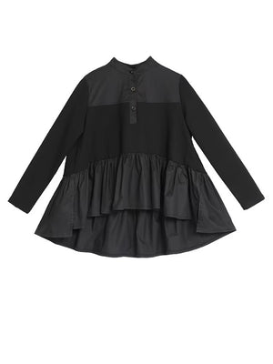Women Black Pleated Ruffes T-shirt