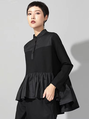 Women Black Pleated Ruffes T-shirt
