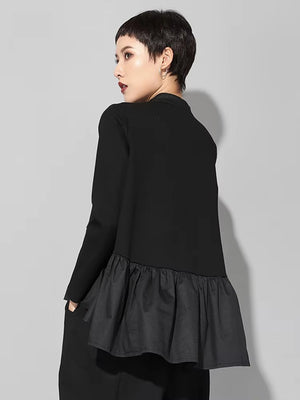 Women Black Pleated Ruffes T-shirt