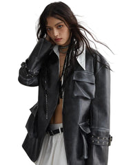 Veste en cuir PU noir pour femme