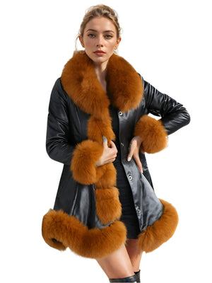 Women PU Leather Spring Jacket Imitation Fox Fur