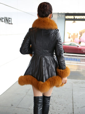 Women PU Leather Spring Jacket Imitation Fox Fur
