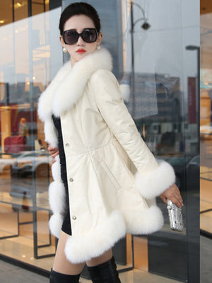 Women PU Leather Spring Jacket Imitation Fox Fur