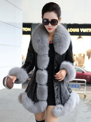Women PU Leather Spring Jacket Imitation Fox Fur