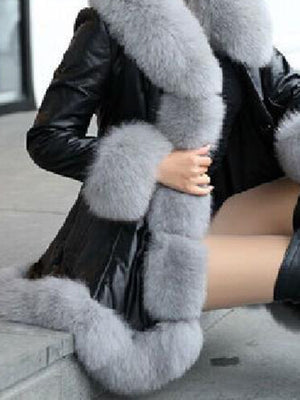 Women PU Leather Spring Jacket Imitation Fox Fur
