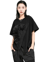 Women's Black Flower Ruffles Ribbon T-shirt