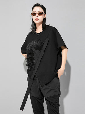 Women's Black Flower Ruffles Ribbon T-shirt