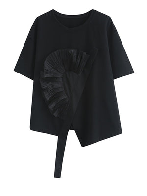 Women's Black Flower Ruffles Ribbon T-shirt