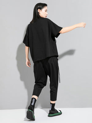 Women's Black Flower Ruffles Ribbon T-shirt