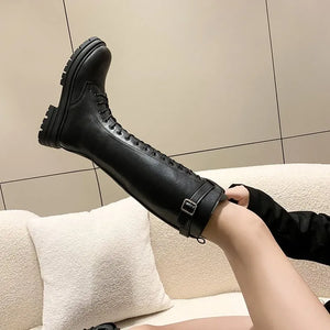 Womens Black Knee High Lace Up Boots