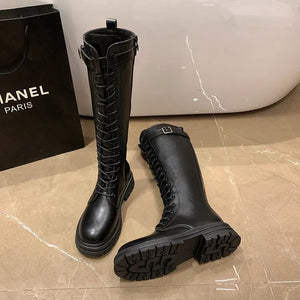 Womens Black Knee High Lace Up Boots