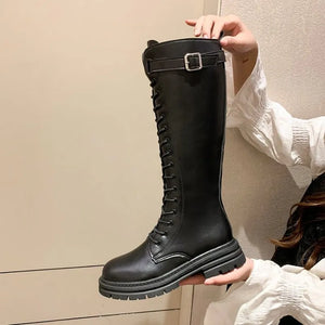 Womens Black Knee High Lace Up Boots