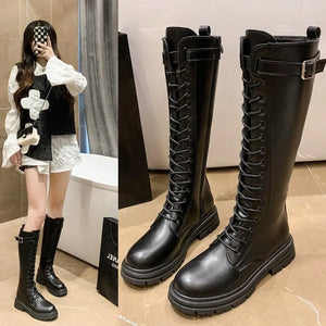 Womens Black Knee High Lace Up Boots