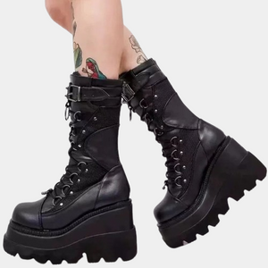 Womens Black Lace Up Mid Calf Boots