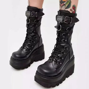 Womens Black Lace Up Mid Calf Boots