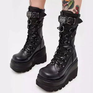 Womens Black Lace Up Mid Calf Boots
