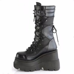 Womens Black Lace Up Mid Calf Boots