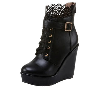 Women's Black Lace Up Wedge Boots