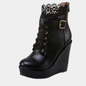 Women's Black Lace Up Wedge Boots