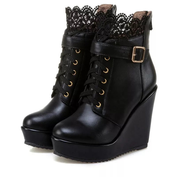 Women's Black Lace Up Wedge Boots