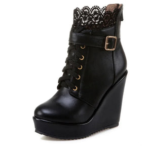 Women's Black Lace Up Wedge Boots