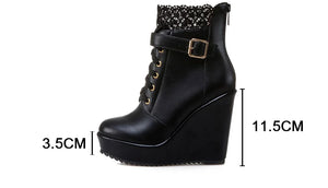 Women's Black Lace Up Wedge Boots