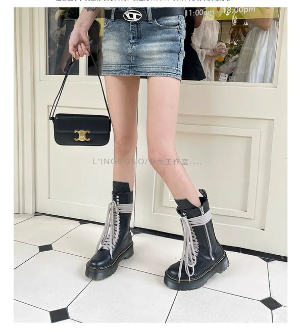 Womens Black Mid Calf Lace Up Boots