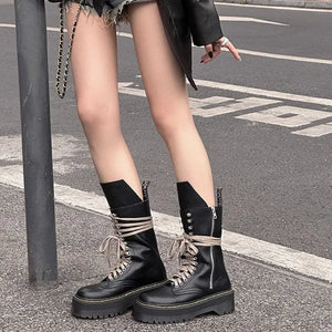 Womens Black Mid Calf Lace Up Boots