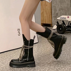 Womens Black Mid Calf Lace Up Boots