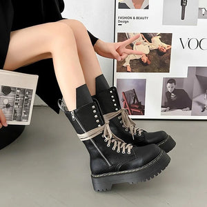 Womens Black Mid Calf Lace Up Boots