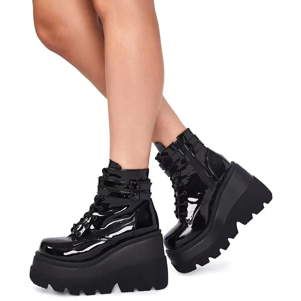 Womens Black Patent Leather Lace Up Boots