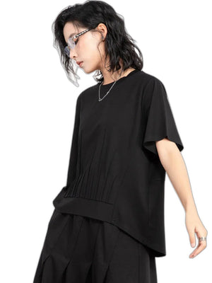 Women's black Pleated oversized T-shirt - product view on white background