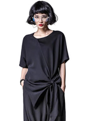 Women's Black Pleated T-shirt with Short Sleeves Fashion