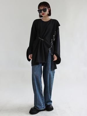 Women's Black Side Slit Irregular Oversized T-shirt