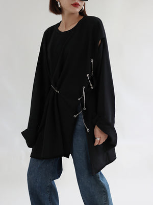Women's Black Side Slit Irregular Oversized T-shirt
