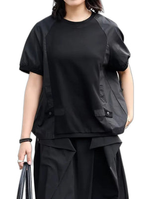 Women's Black Spliced Oversized T-shirt - product view on white background