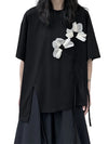 Women's Black T-shirt White Flower Ruffles