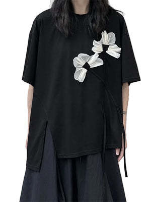 Women's Black T-shirt White Flower Ruffles